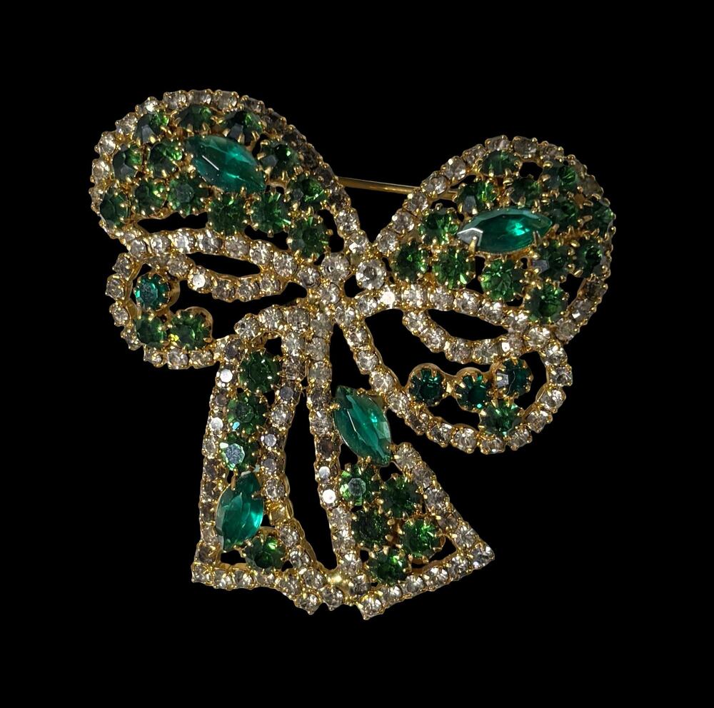 Kenneth Lane Green and Clear Rhinestone Bow Ribbon Brooch